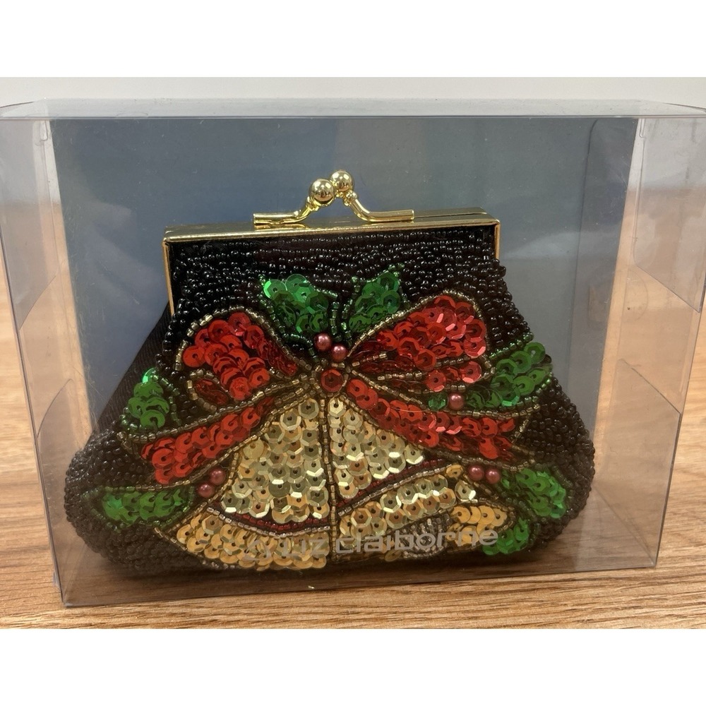 Vintage Liz Claiborne Beaded Sequin Christmas Coin Purse Kiss Lock Excellent